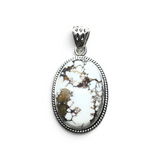 Rare Earth Gallery oval Wild Horse Howlite pendant with a sterling silver rope bezel and decorative stamped bail.