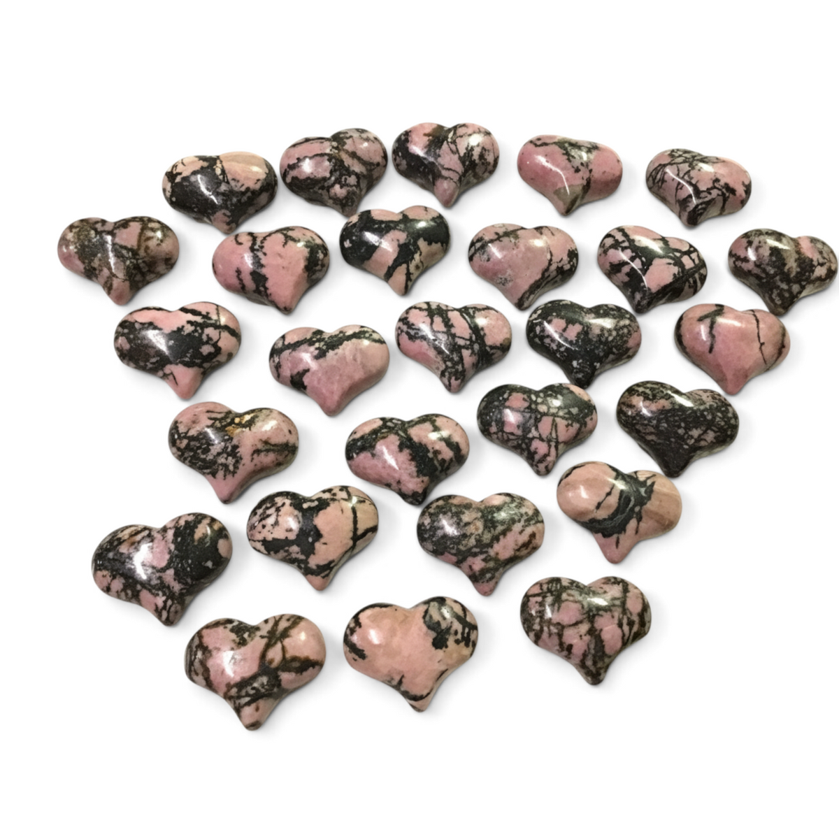 Rare Earth Gallery collection of polished pink and black rhodonite heart-shaped crystals on a white background