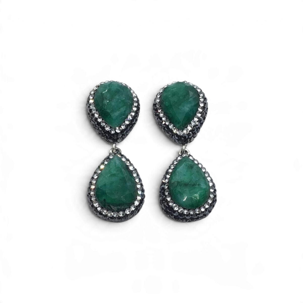 Rare Earth Gallery emerald dangle earrings featuring faceted pear-cut stones with marcasite and silver crystal pave