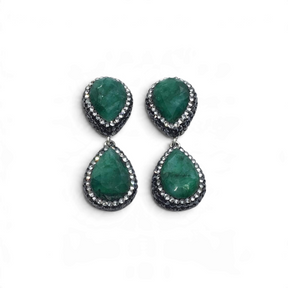 Rare Earth Gallery emerald dangle earrings featuring faceted pear-cut stones with marcasite and silver crystal pave