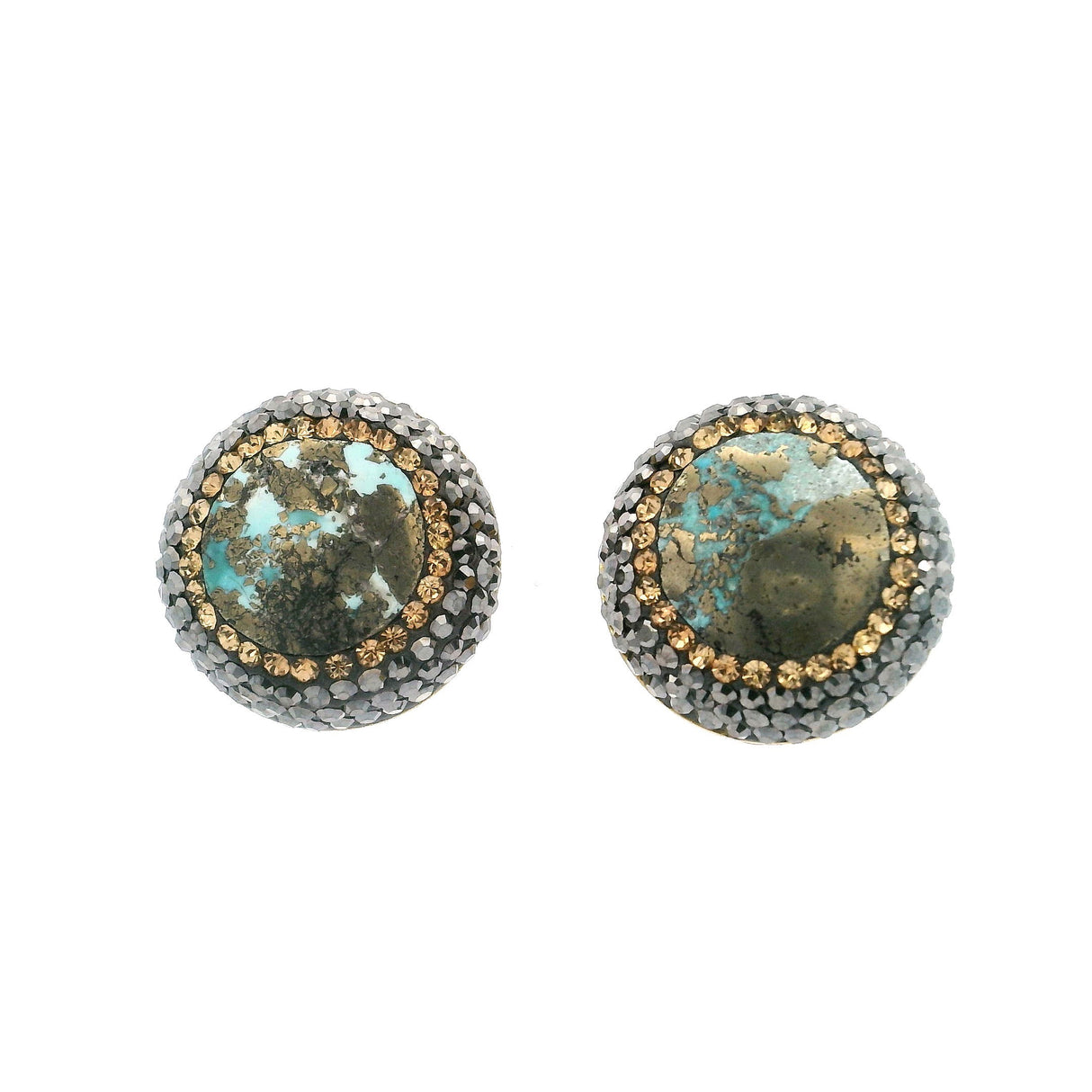 Persian Turquoise Earrings - Clip-On Round Surrounded by Rows of Gold Swarovski Crystals & Marcasite with Gold Vermeil over 925 Sterling Silver