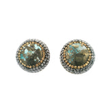 Persian Turquoise Earrings - Clip-On Round Surrounded by Rows of Gold Swarovski Crystals & Marcasite with Gold Vermeil over 925 Sterling Silver
