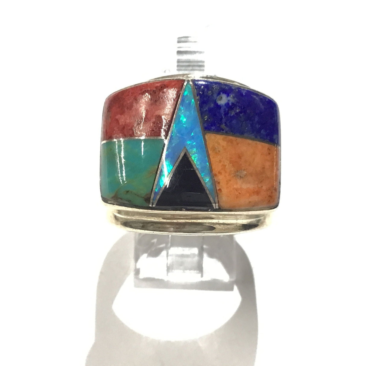 Multicolor wide inlay band ring, V-shaped opal with lapis, turquoise and spiny oyster in silver