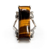 Tigers Eye Ring - Elongated Rectangle Cabochon Prong Set on Open Silver Band with Strawberries Sz10