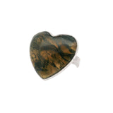 Moss Agate Ring - Heart Cabochon with Green Inclusions Throughout Agate Bezel Set in Simple 925 Sterling Silver szAdj