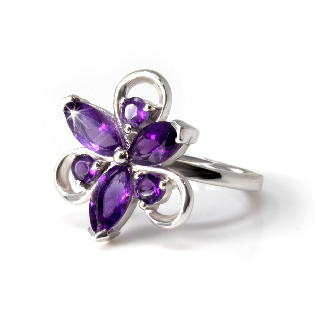 Faceted Prong Set Amethyst Ring with Faceted Sharp Ovals  and Rounds with Silver Loop Detail - Water Lily Shape