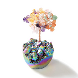 Multi-colored Natural Gemstone Copper Wire Beaded Tree of Life with Titanium Coated Quartz Base