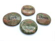 Four flat oval Unakite wishing stones in pink and green, engraved Love, Strength and Dream