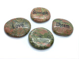 Four flat oval Unakite wishing stones in pink and green, engraved Love, Strength and Dream