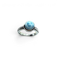 Rare Earth Gallery round larimar cabochon ring set in a 925 sterling silver bezel with a rope stamped band
