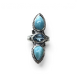 Rare Earth Gallery sterling silver ring with two pear larimar cabochons, oval blue topaz, and ornate star detailing.