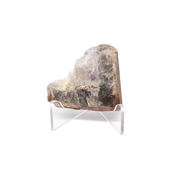 Auralite 23 crystal point standing upright on a clear acrylic easel, banded grey, white and violet