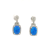 Blue Opal Earrings on Post - Rectangle Cabochon with White CZs in Bail & Surrounding Prong Setting in 925 Sterling Silver