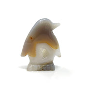 Agate druze geode penguin carving in gray and cream with a sparkling white druzy crystal belly