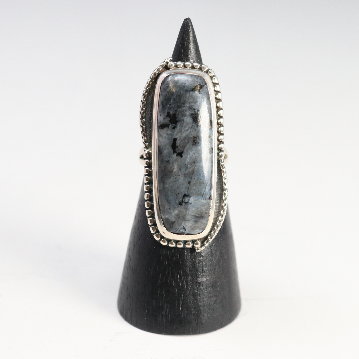 View of Larvikite Ring - Rectangular Cabochon Sz7