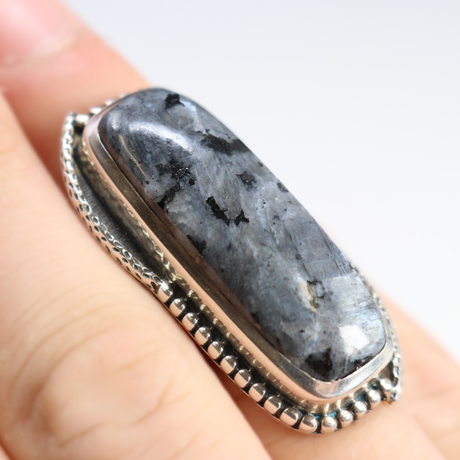 View of Larvikite Ring - Rectangular Cabochon Sz7