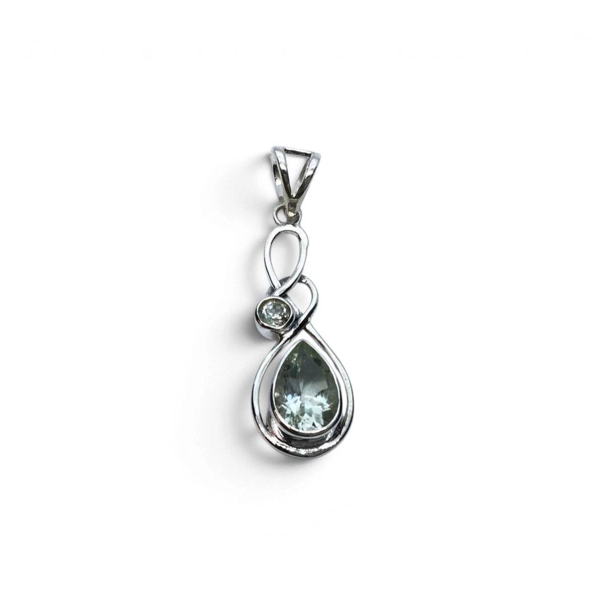 Rare Earth Gallery prasiolite pendant featuring a faceted pear-shaped stone and a small round accent in silver setting