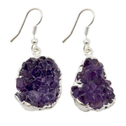 Amethyst druze dangle earrings with raw deep purple crystals, silver-plated edges and hook wires