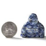 Small sodalite Buddha carving beside a US quarter for scale, mottled blue-and-white polished stone
