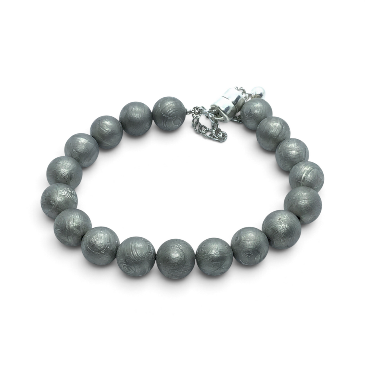 Rare Earth Gallery 8-inch Muonionalusta meteorite beaded bracelet with 10mm grey textured beads and magnetic clasp