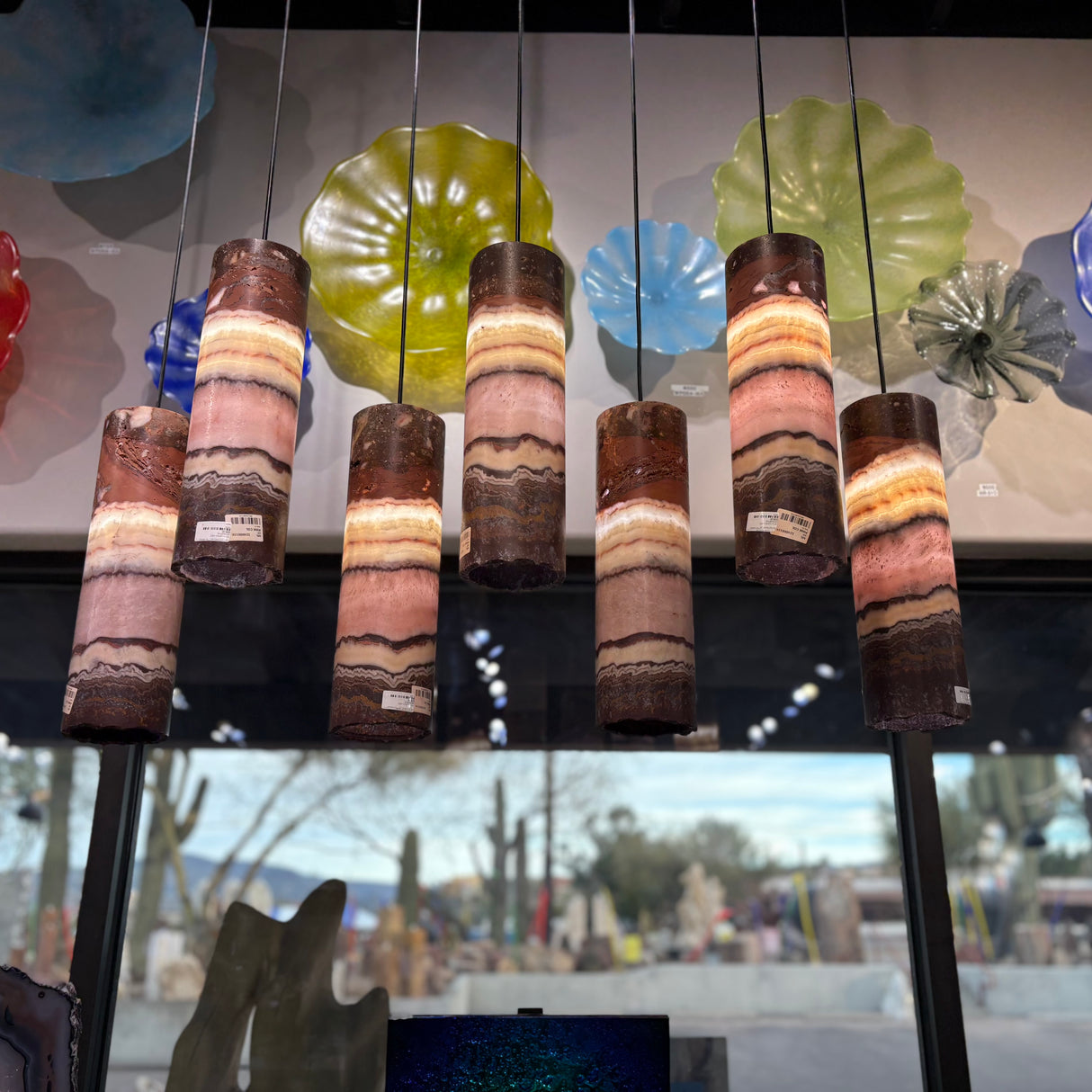 Pink Onyx Pendant Light with Black Line & Hardware - Set of 7 with Custom Canopy