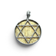 Rare Earth Gallery gold-coated Muonionalusta meteorite pendant featuring a Star of David in 925 sterling silver bezel.