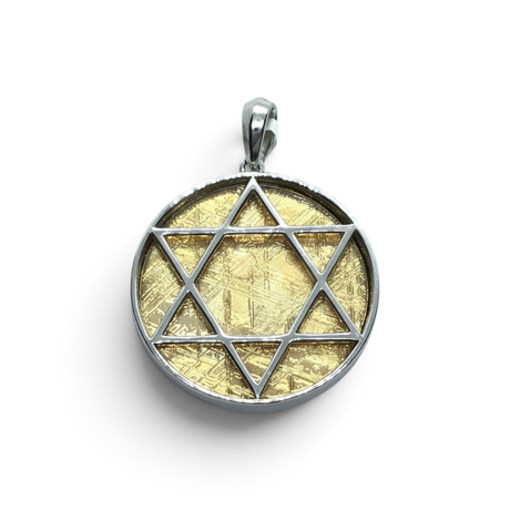 Rare Earth Gallery gold-coated Muonionalusta meteorite pendant featuring a Star of David in 925 sterling silver bezel.