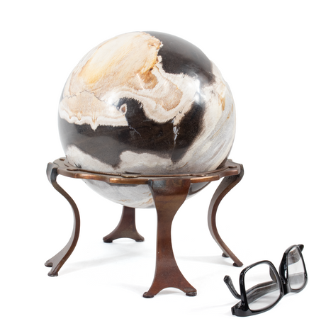 View of Indonesian Petrified Wood Sphere In Custom Ring Stand - 6.5 Inch Sphere In Copper