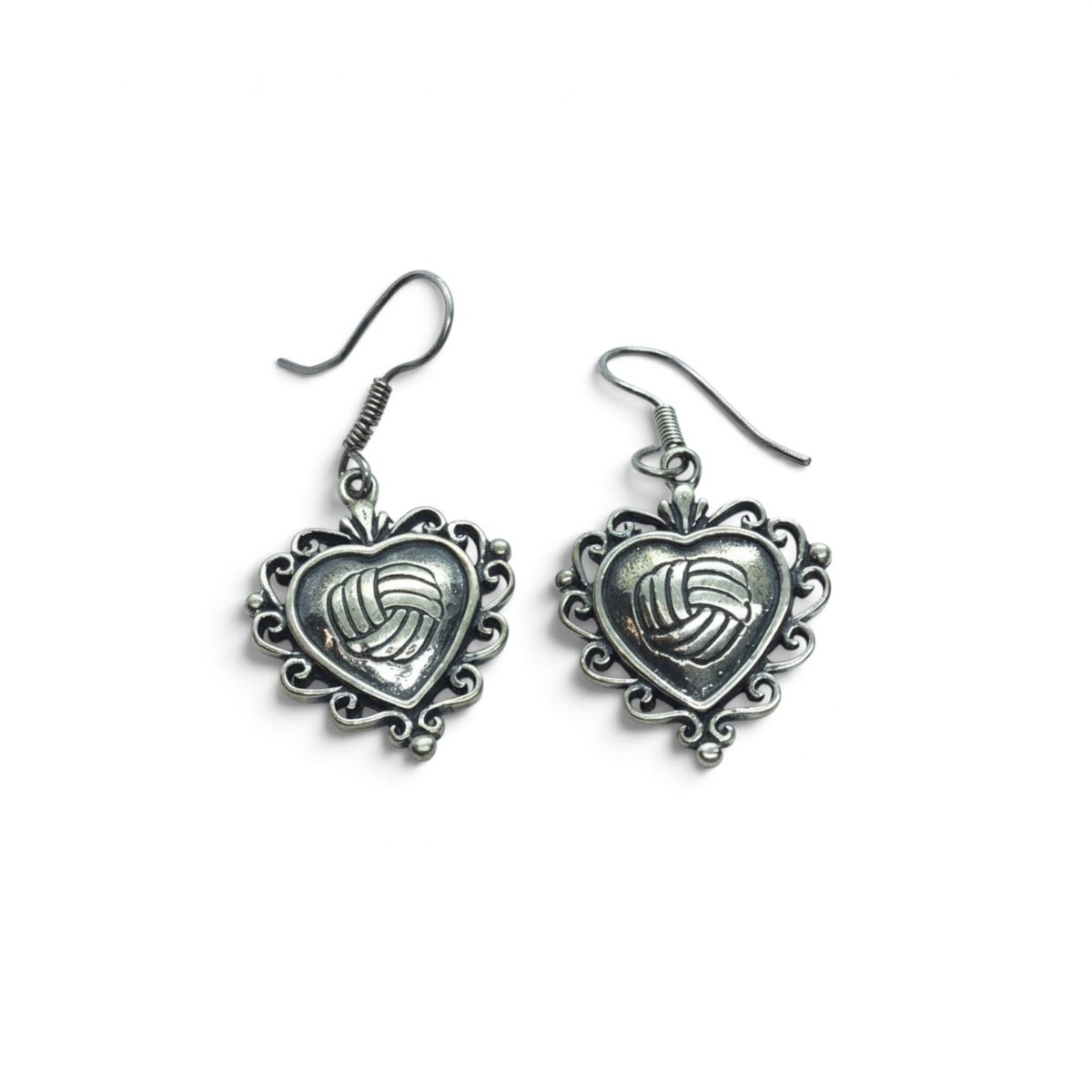 Rare Earth Gallery oxidized sterling silver heart dangle earrings with intricate filigree and volleyball center