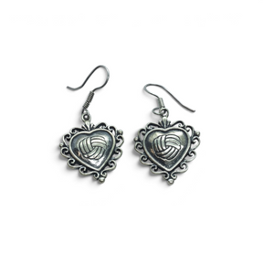 Rare Earth Gallery oxidized sterling silver heart dangle earrings with intricate filigree and volleyball center