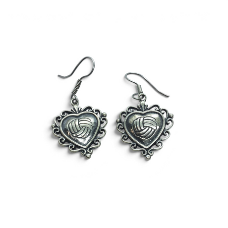 Rare Earth Gallery oxidized sterling silver heart dangle earrings with intricate filigree and volleyball center