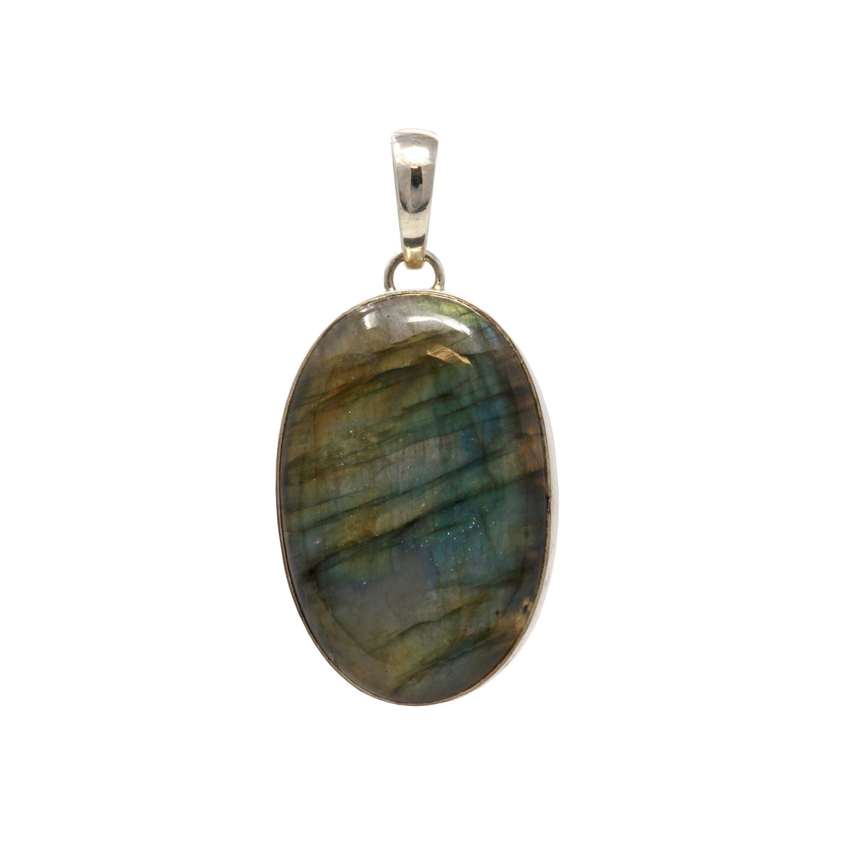Labradorite Pendant - Oval Cabochon with Yellow & Teal Shift with Light Gray Cloudy Inclusion