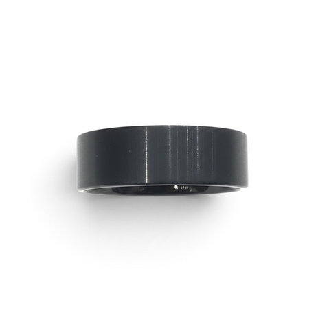 Rare Earth Gallery 9mm black tungsten ring with a brushed finish and pipe cut design