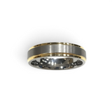 Rare Earth Gallery 6mm tungsten ring featuring a brushed grey center and polished yellow gold-plated edges