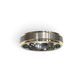 Rare Earth Gallery 6mm tungsten ring featuring a brushed grey center and polished yellow gold-plated edges