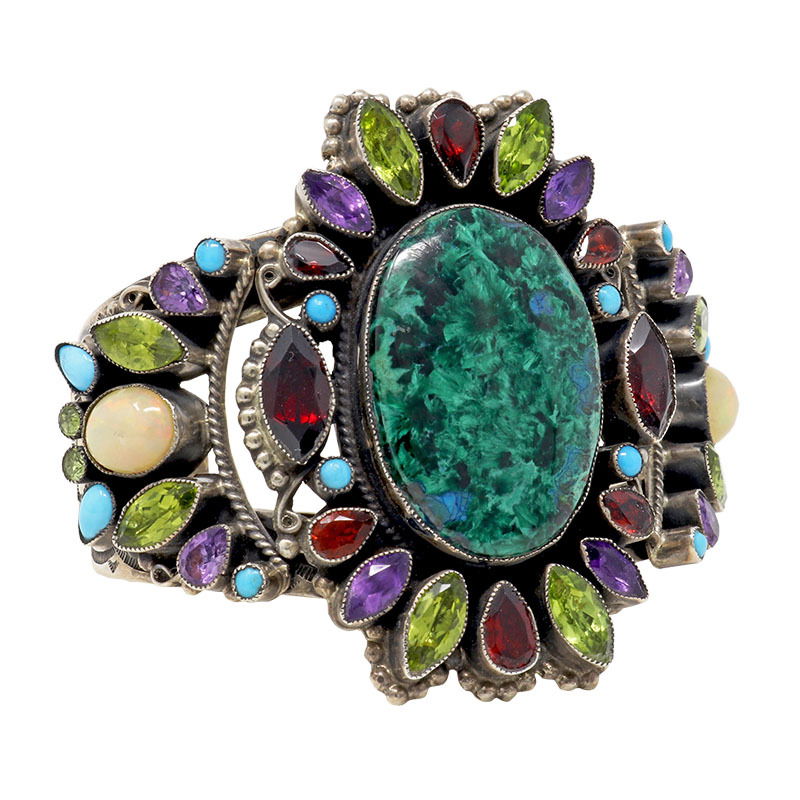 Leo Feeney Chatoyant Malachite & Chrysocolla Cuff Bracelet with Garnet, Ethiopian Opal, Peridot, Sleeping Beauty Turquoise & Amethyst
