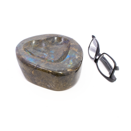 View of Labradorite Polished Heart Dish - Flashes Orange Green And Blue