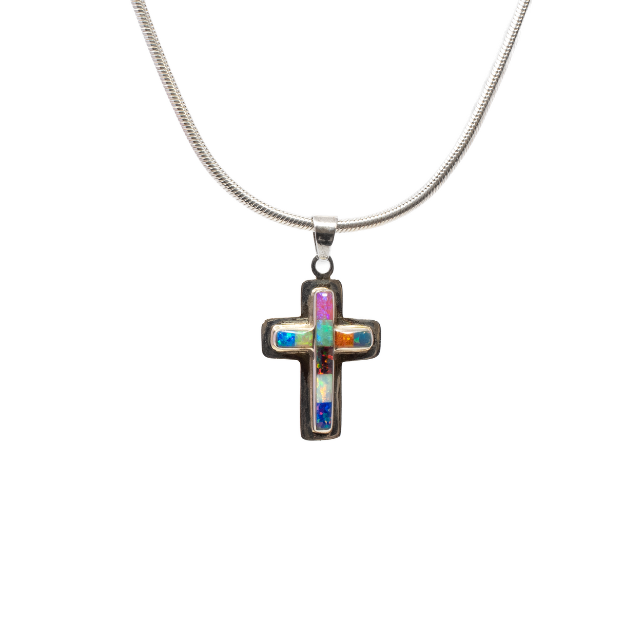 View of Multi Fire Opal Inlay Cross Pendant - Simple Cross With Silver Bezel Edge & Multicolor Rectangular Inlay