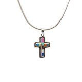 View of Multi Fire Opal Inlay Cross Pendant - Simple Cross With Silver Bezel Edge & Multicolor Rectangular Inlay
