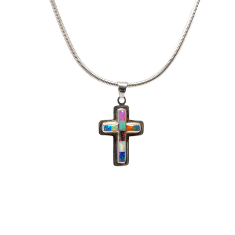 View of Multi Fire Opal Inlay Cross Pendant - Simple Cross With Silver Bezel Edge & Multicolor Rectangular Inlay