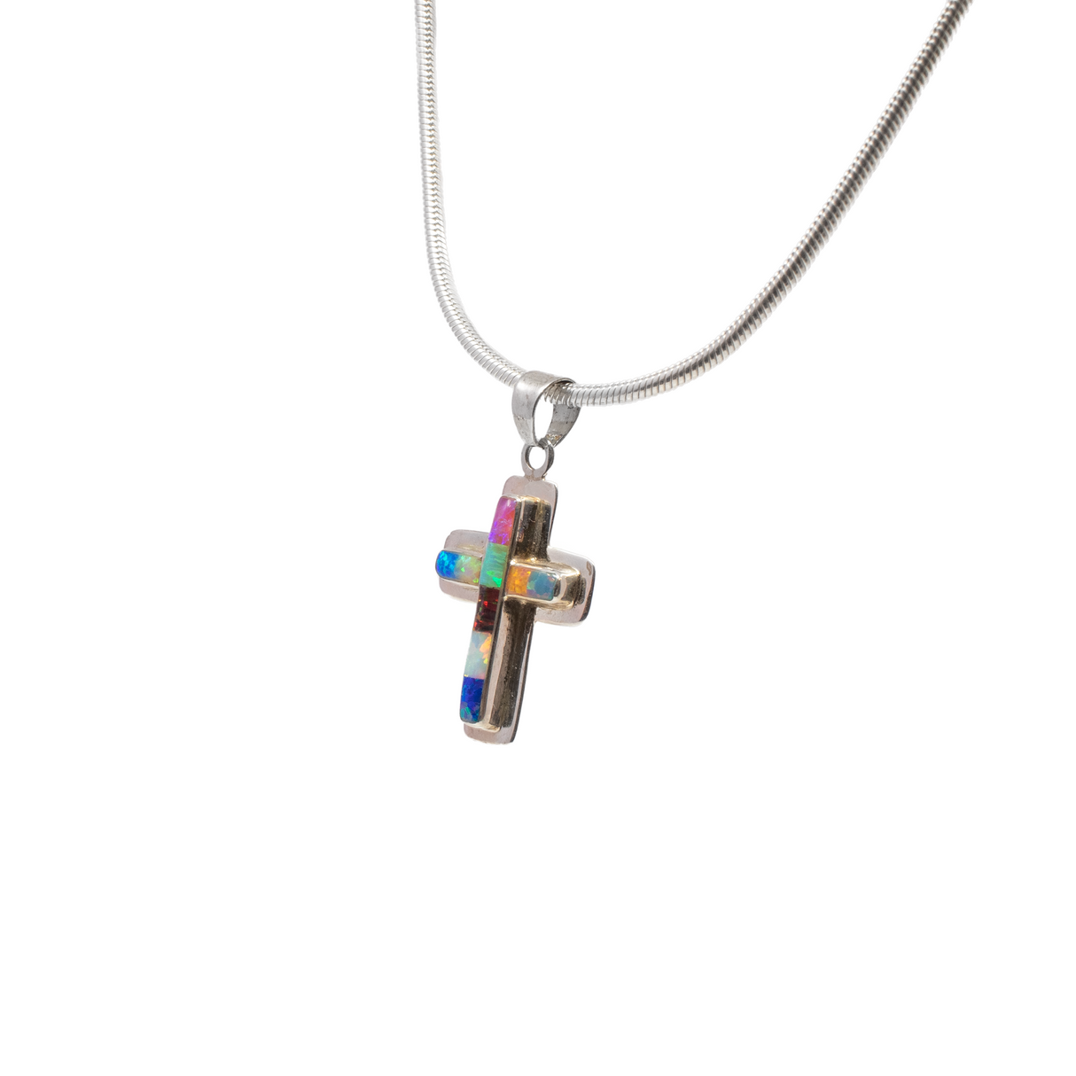 View of Multi Fire Opal Inlay Cross Pendant - Simple Cross With Silver Bezel Edge & Multicolor Rectangular Inlay