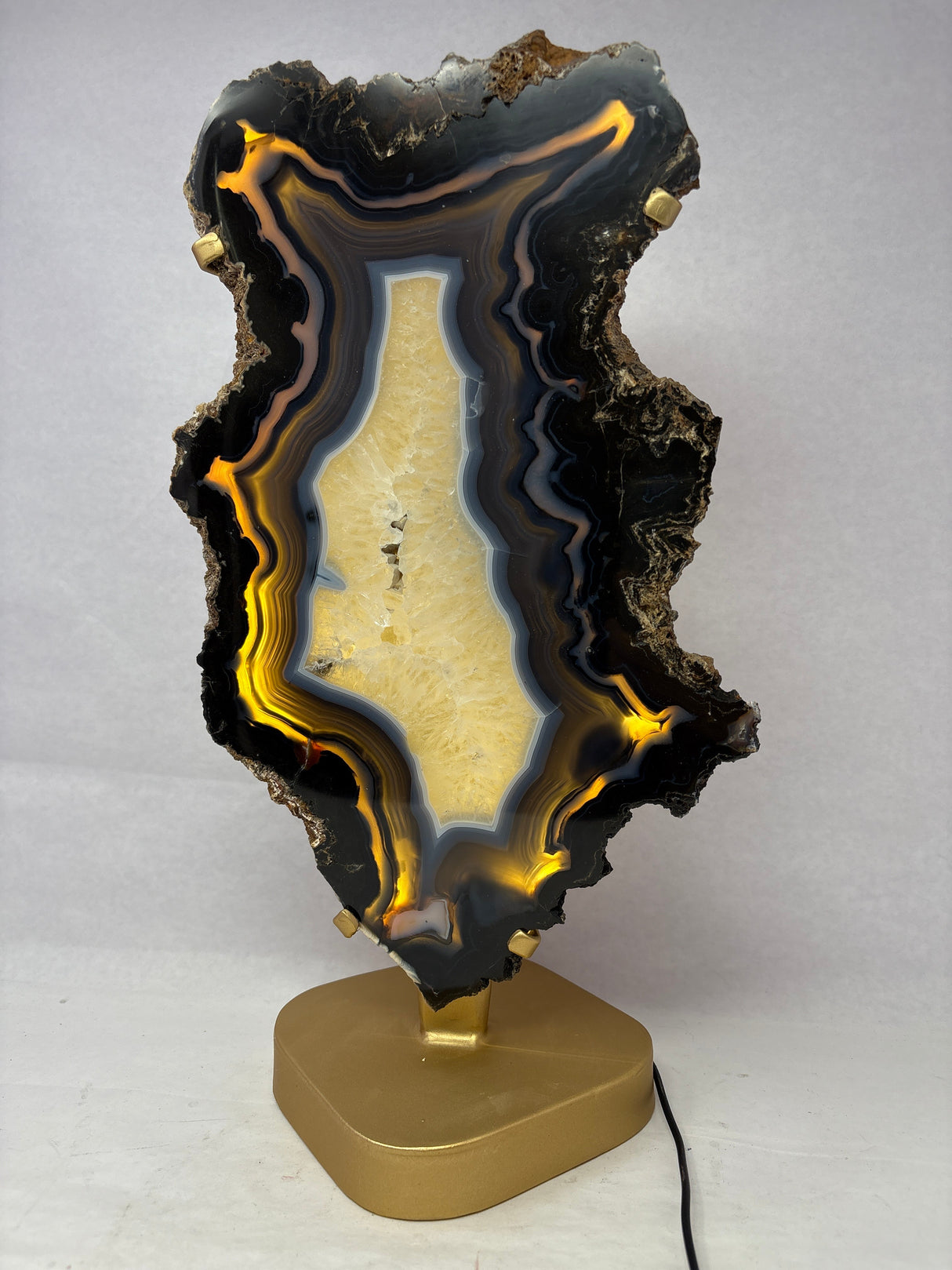 Dark Blue Agate Druze Slice with Abstract Shape On Illuminated Table Stand - Gold