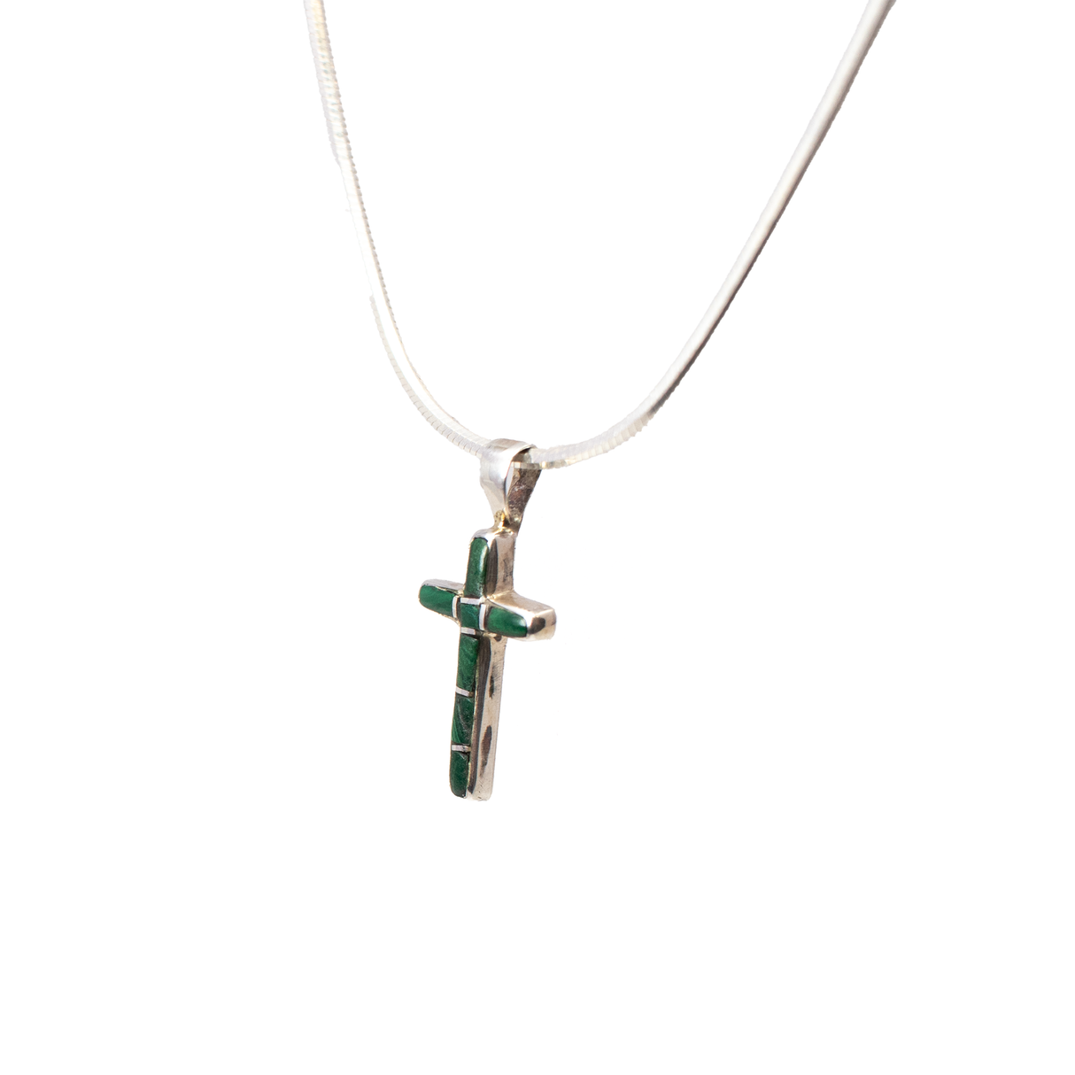 View of Malachite Inlay Cross Pendant - Mini Cross With Simple Rectangle Inlay & Silver Bezel