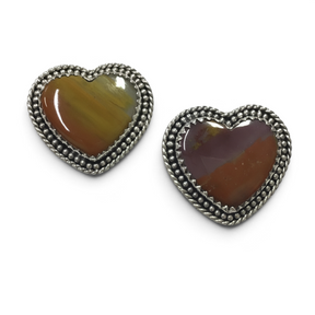 Rare Earth Gallery heart-shaped petrified wood cabochons with silver rope and scalloped bezel settings