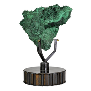 Fan-shaped chatoyant malachite with druze vug held in a 3-pronged rotating stand on a fluted metal base