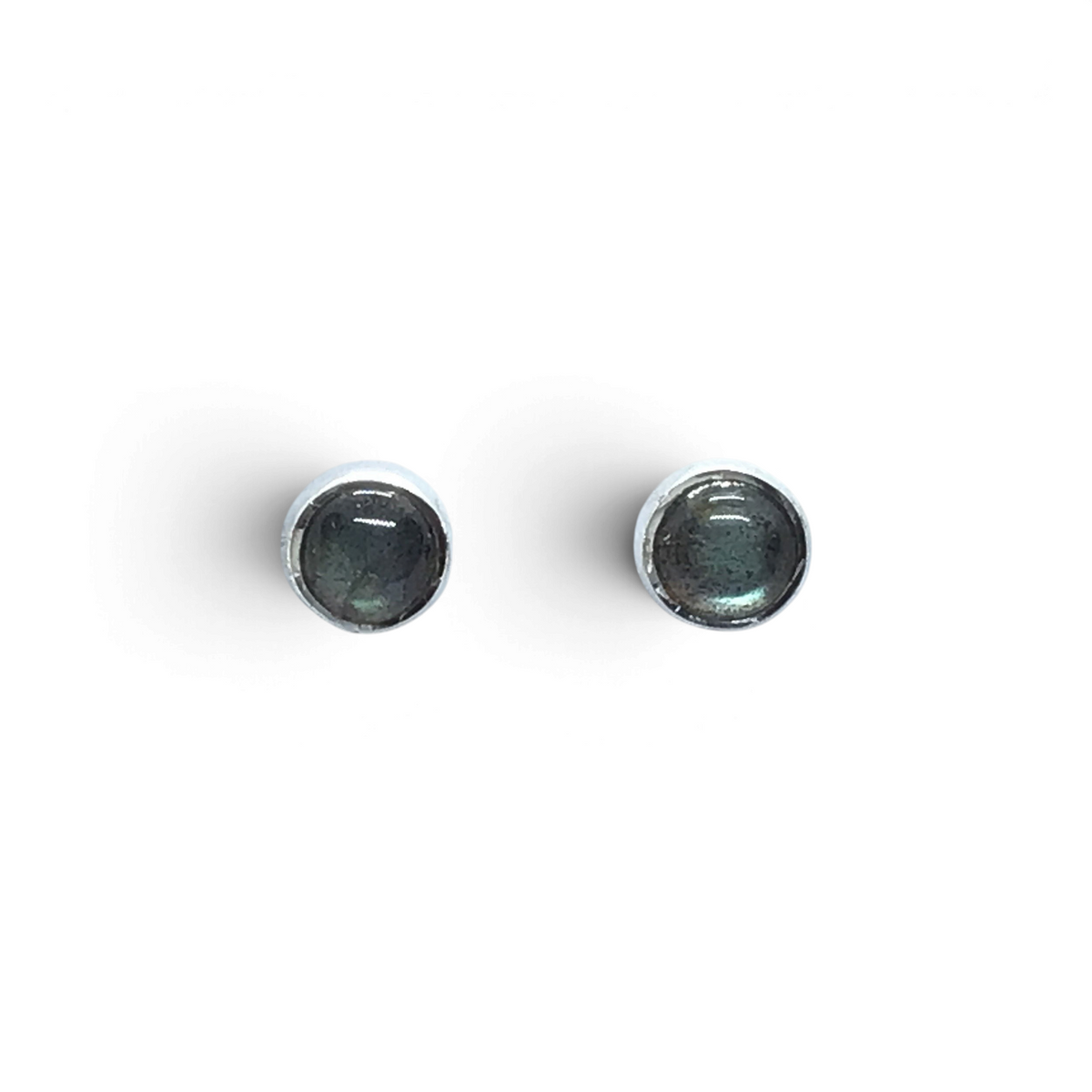 Labradorite 6mm round cabochon stud earrings in simple silver bezels on display card