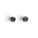 Labradorite 6mm round cabochon stud earrings in simple silver bezels on display card