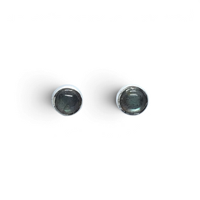 Labradorite 6mm round cabochon stud earrings in simple silver bezels on display card