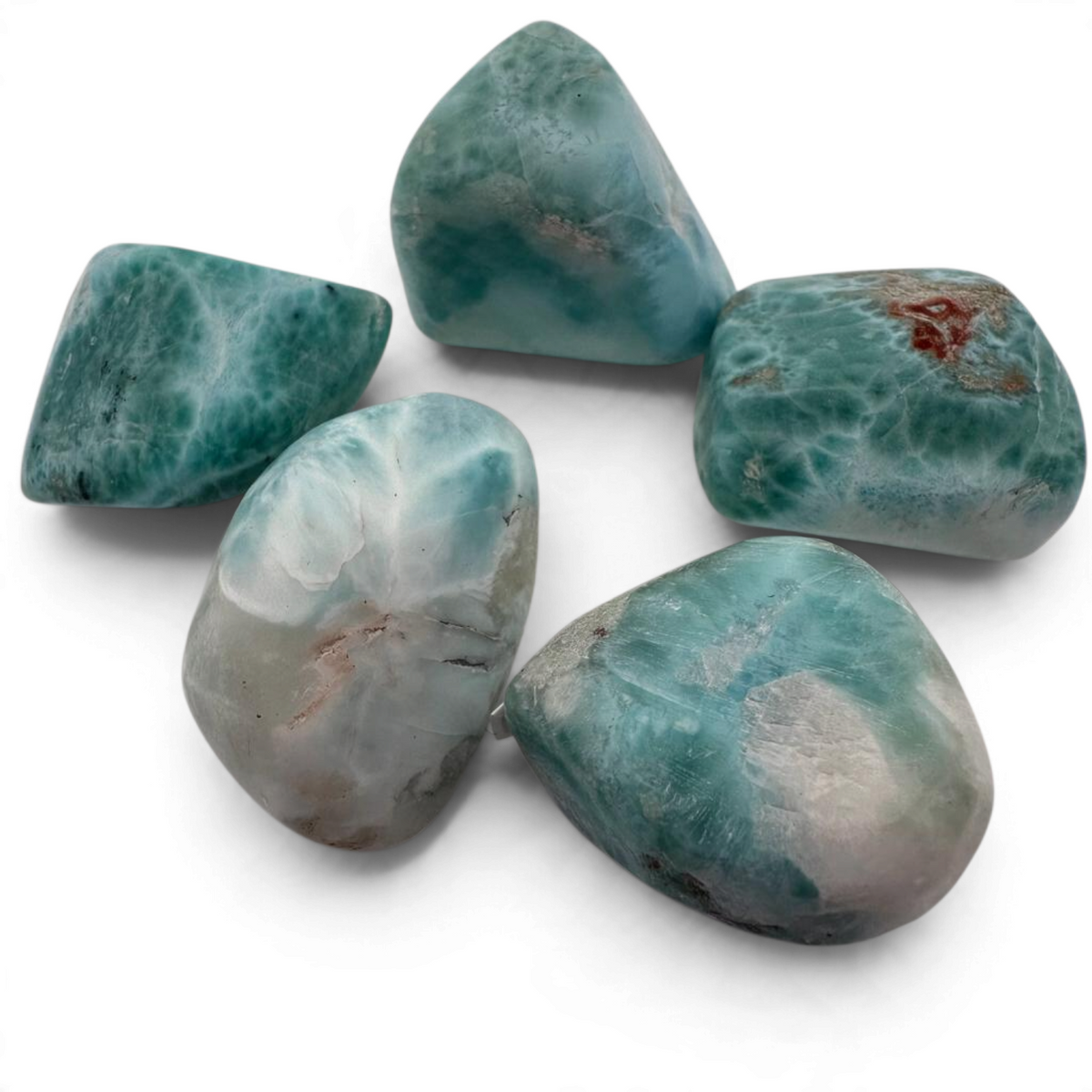 Rare Earth Gallery tumbled Larimar stones with a smooth matte finish in shades of blue and white

Medium+