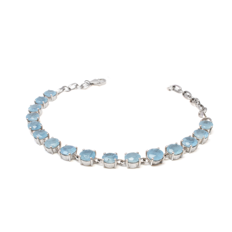 View of Aquamarine Bracelet - 16 Faceted Rounds - Prong Set With Tall Silver Bezels